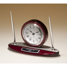 Rosewood Piano Finish Desk Clock and Pen Set with Silver Aluminum Accents