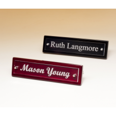 Black Piano-Finish Nameplate with Acrylic Engraving Plate. Two Silver Posts