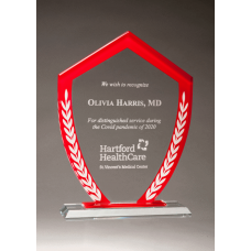 Shield Glass Award - Red Border with White Laurel Leaves.